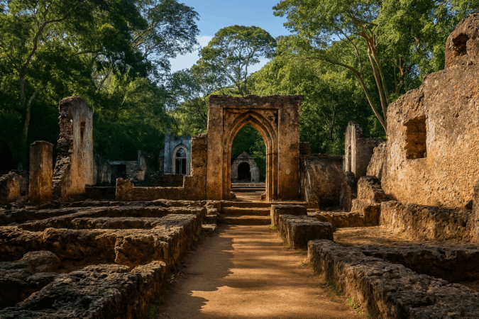 Ancient stone archway and crumbling walls of Gede Ruins in a tropical baobab forest near Watamu, Kenya, with sunlight filtering through lush green canopy.