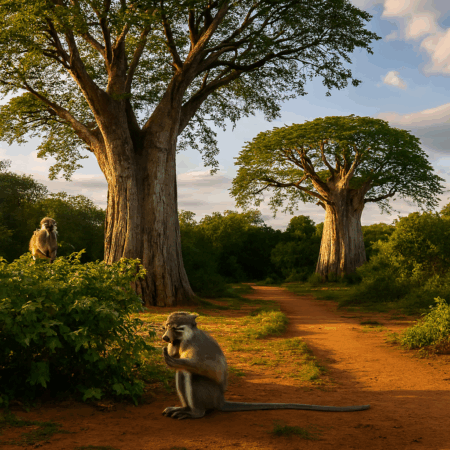 Two vervet monkeys in a baobab forest near Gede Ruins, Watamu, Kenya, with golden sunlight filtering through ancient trees.