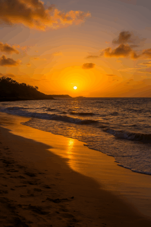 Golden sunset over Watamu Beach, Kenya, with gentle waves, palm‑lined shore, and shimmering reflections on wet sand.