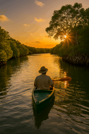Traditional canoe gliding through Mida Creek’s mangrove channels at sunset in Watamu, Kenya, with golden light filtering through lush green foliage.